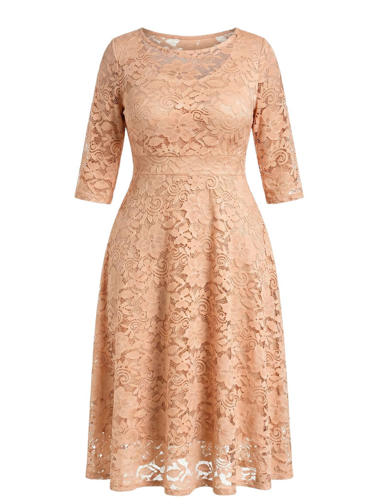 Beige 1940s Lace Midi Swing Dress - vintage dress, retro fashion, rockabilly