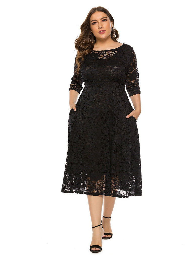 Beige 1940s Lace Midi Swing Dress - vintage dress, retro fashion, rockabilly