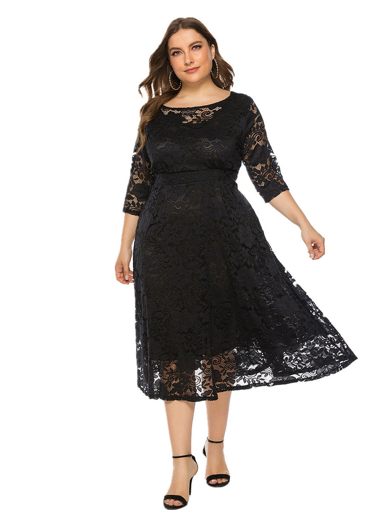 Beige 1940s Lace Midi Swing Dress - vintage dress, retro fashion, rockabilly