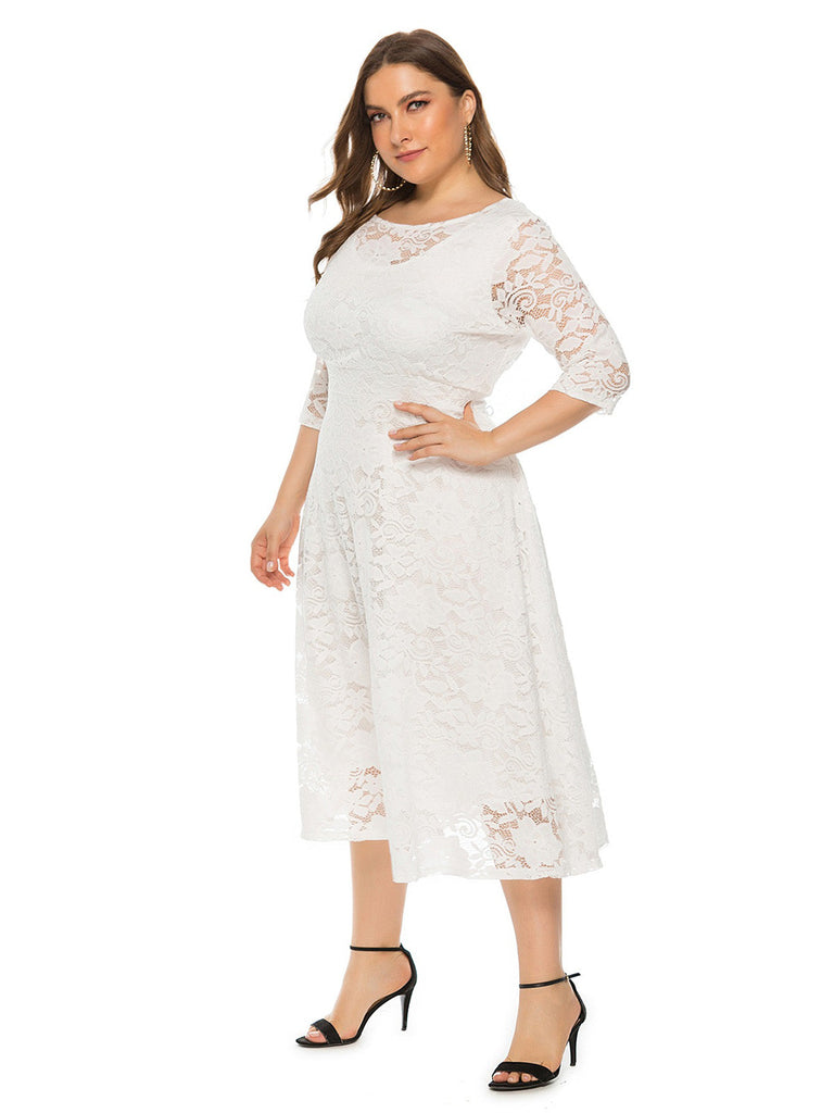 Beige 1940s Lace Midi Swing Dress - vintage dress, retro fashion, rockabilly