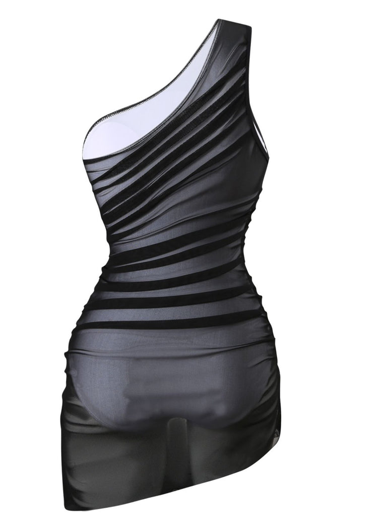 1940s Solid Mesh Pleated One-Shoulder Swimsuit - vintage swimsuit, pin-up style