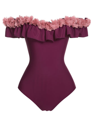 1940s Solid Petal Patchwork One Shoulder Swimsuit, vintage swimsuit, pin-up swimwear - perfect for women who love vintage and retro fashion