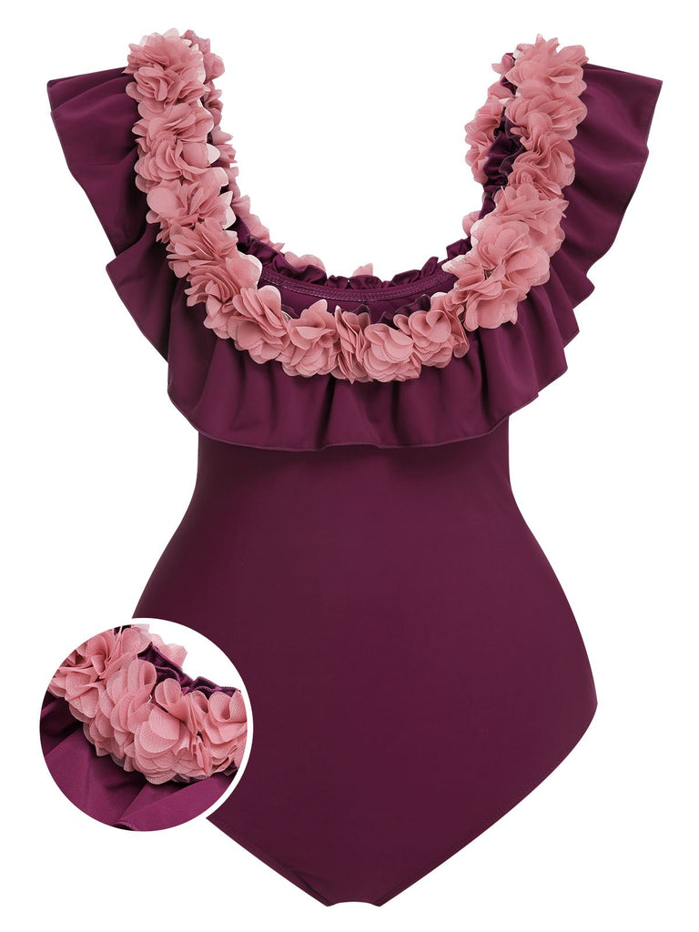 1940s Solid Petal Patchwork One Shoulder Swimsuit, vintage swimsuit, pin-up swimwear - perfect for women who love vintage and retro fashion