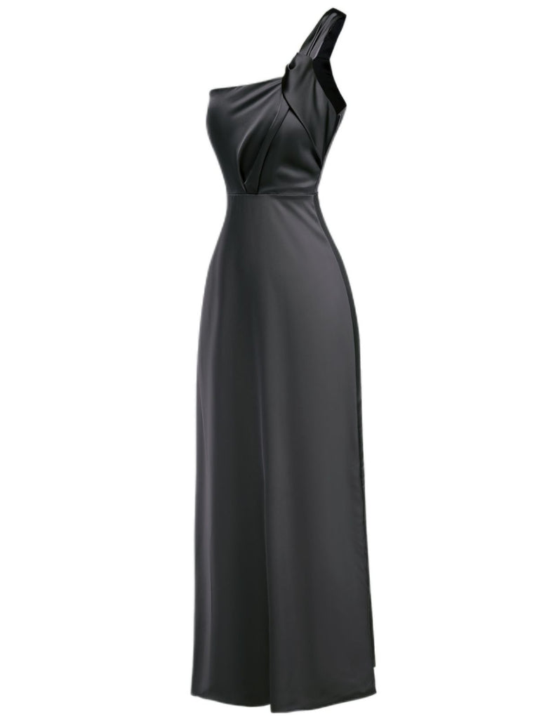 1940s Solid Satin One-Shoulder Dress - vintage dress, retro fashion