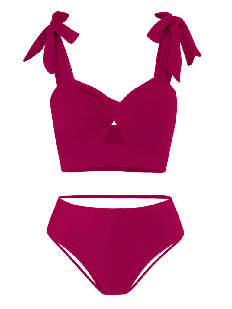 1940s Solid Shoulder Tie Hollow Swimsuit & Cove-Up — 1940s poolside glamour meets sun-drenched confidence
