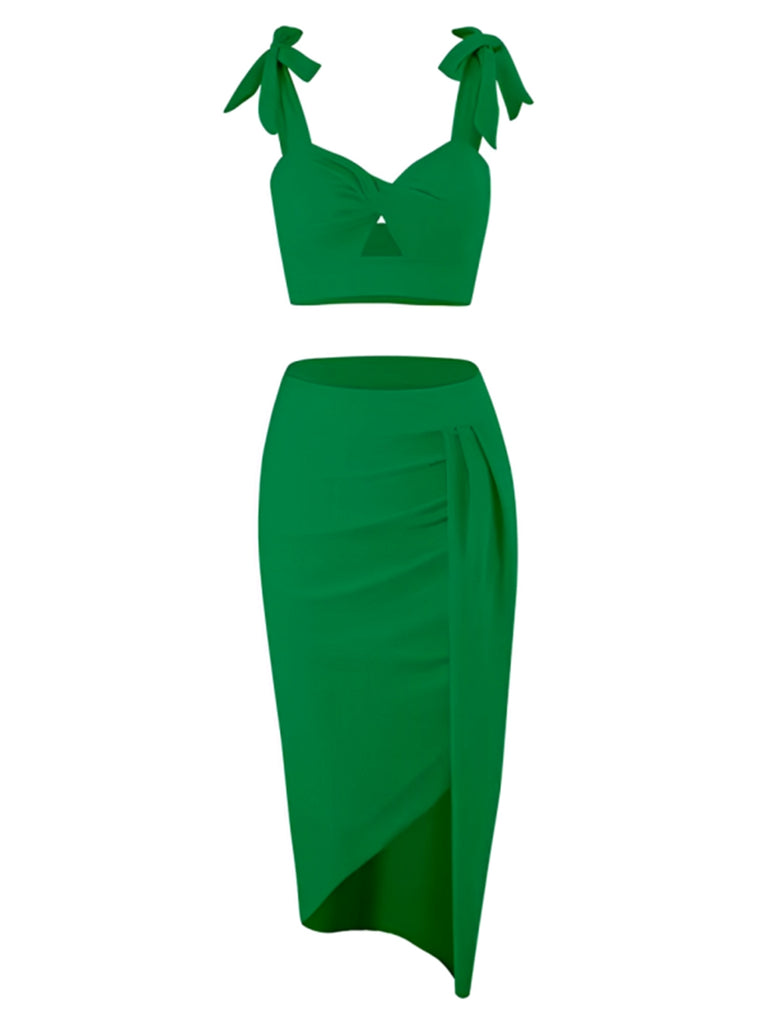 This 1940s Solid Shoulder Tie Hollow Swimsuit & Cove-Up carries 1940s vacation dreams in every stitch