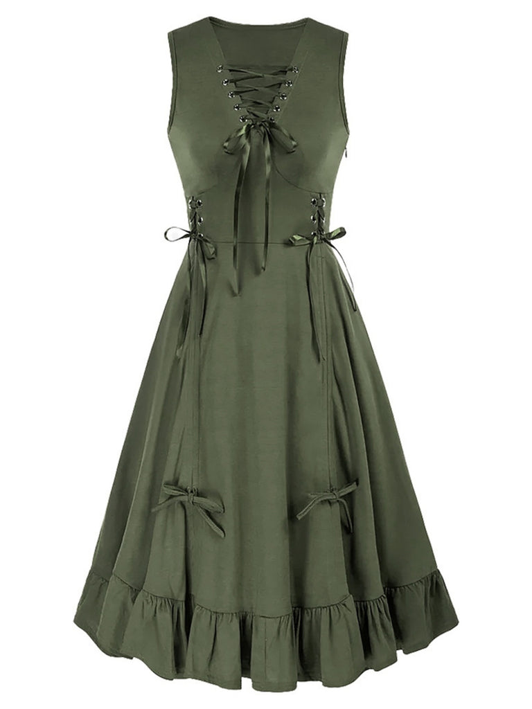 1940s Solid Sleeveless Drawstring Lace-Up Dress - vintage dress, retro fashion
