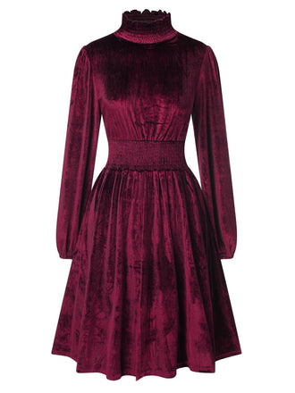 She slips into this 1940s Solid Stand Collar Velvet Dress and suddenly it's a 1940s daydream