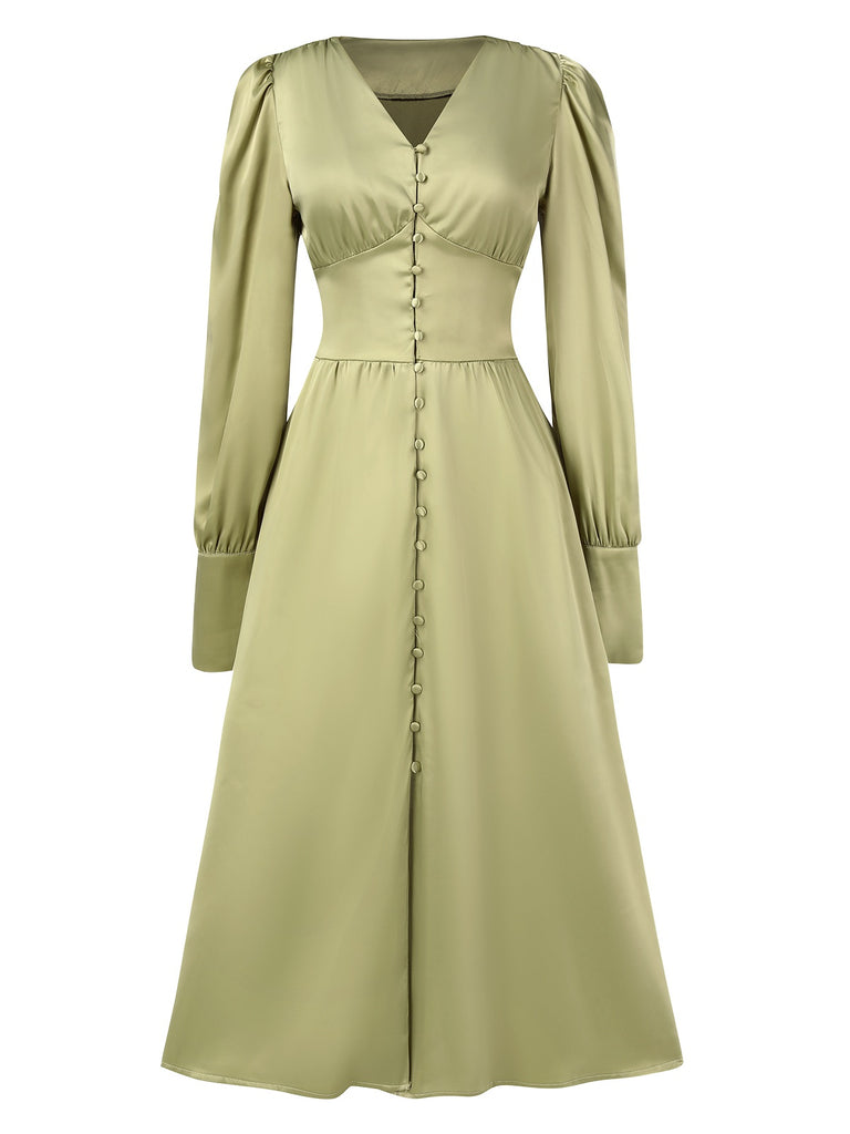 1940s Solid V-Neck Faux Satin Button Dress, vintage dress, retro fashion - perfect for women who love vintage and retro fashion