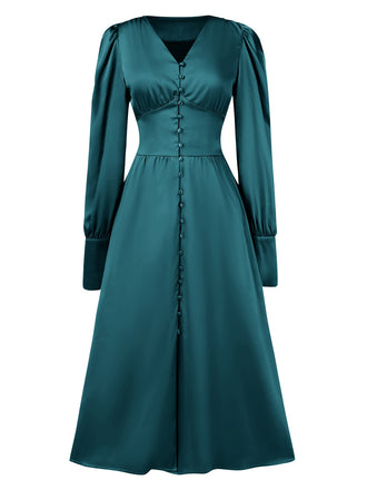 1940s Solid V-Neck Faux Satin Button Dress, vintage dress, retro fashion - perfect for women who love vintage and retro fashion