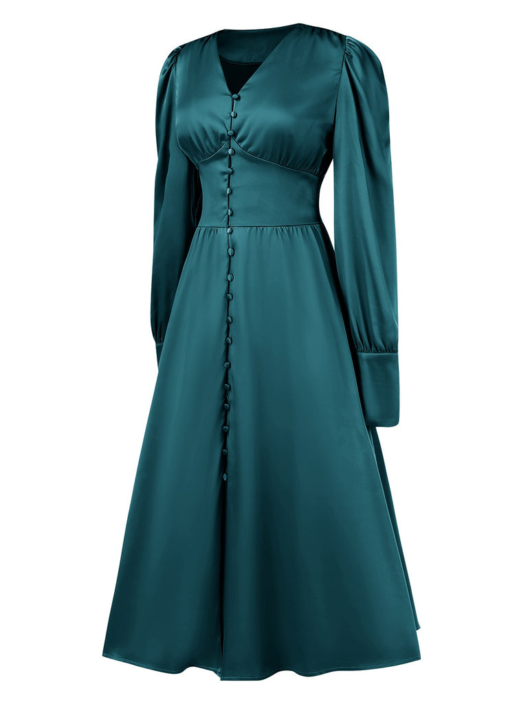 1940s Solid V-Neck Faux Satin Button Dress, vintage dress, retro fashion - perfect for women who love vintage and retro fashion