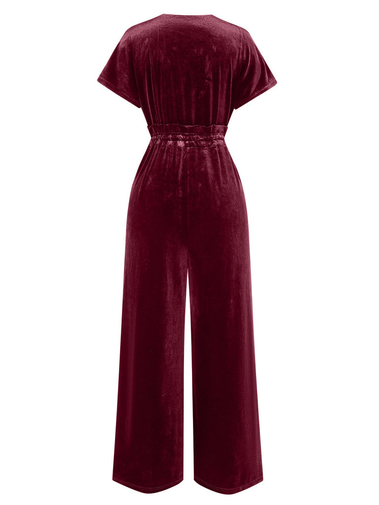 1940s Solid Waist Tie V-Neck Velvet Jumpsuit, vintage romper, retro jumpsuit - perfect for women who love vintage and retro fashion