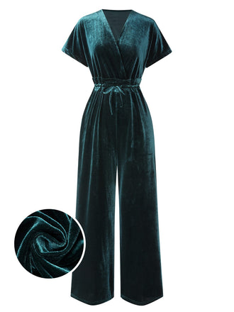 1940s Solid Waist Tie V-Neck Velvet Jumpsuit, vintage romper, retro jumpsuit - perfect for women who love vintage and retro fashion