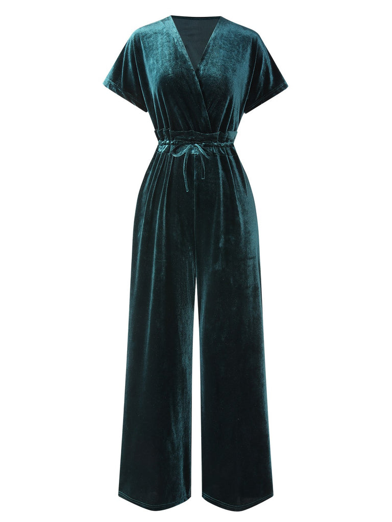 1940s Solid Waist Tie V-Neck Velvet Jumpsuit, vintage romper, retro jumpsuit - perfect for women who love vintage and retro fashion