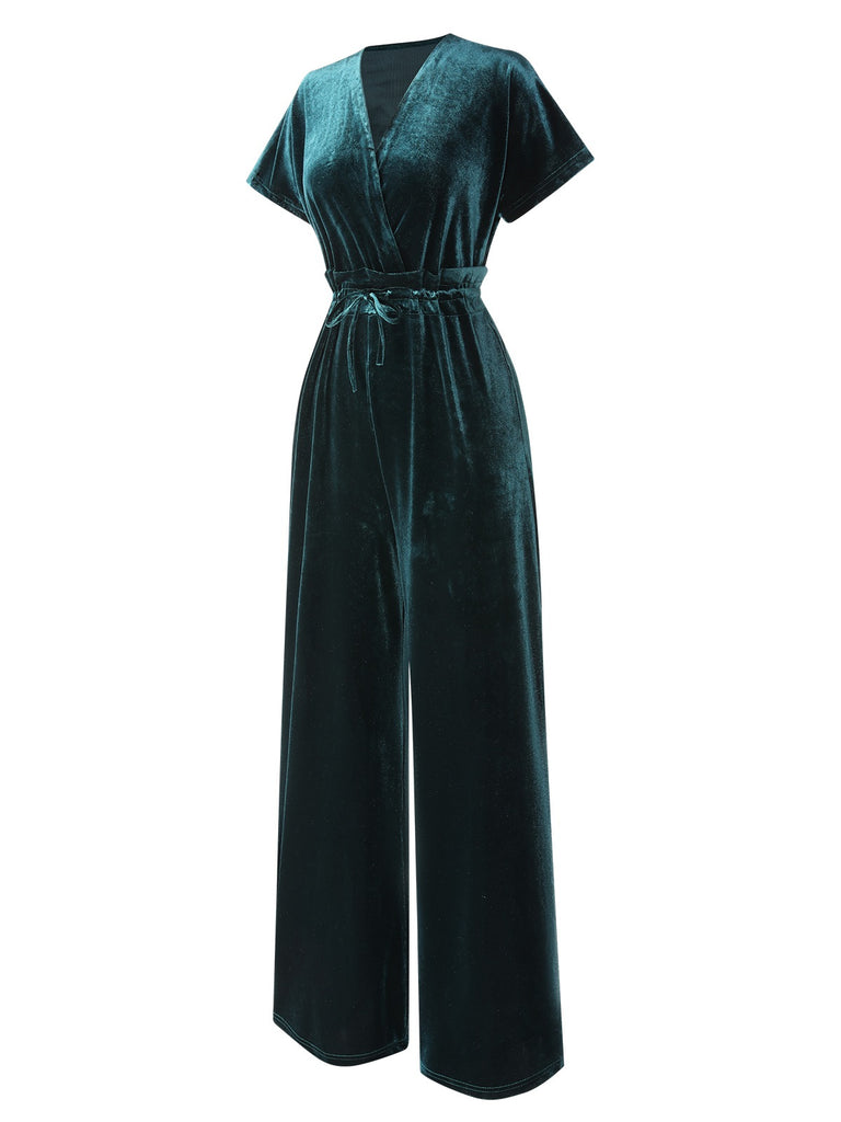1940s Solid Waist Tie V-Neck Velvet Jumpsuit, vintage romper, retro jumpsuit - perfect for women who love vintage and retro fashion