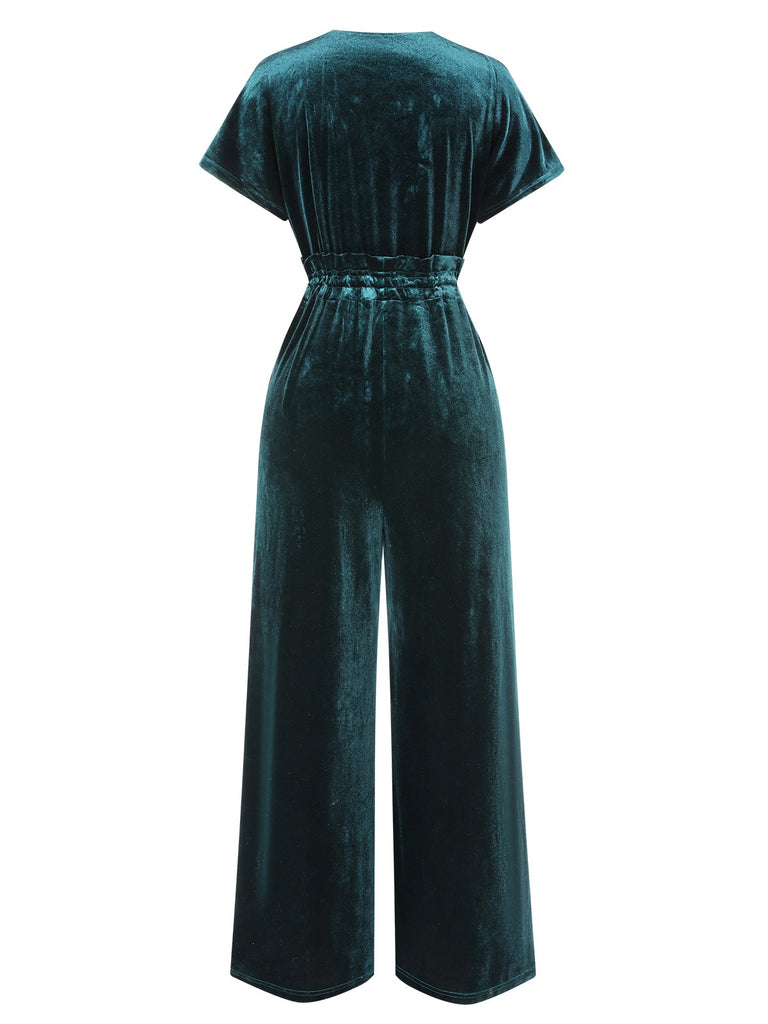 1940s Solid Waist Tie V-Neck Velvet Jumpsuit, vintage romper, retro jumpsuit - perfect for women who love vintage and retro fashion