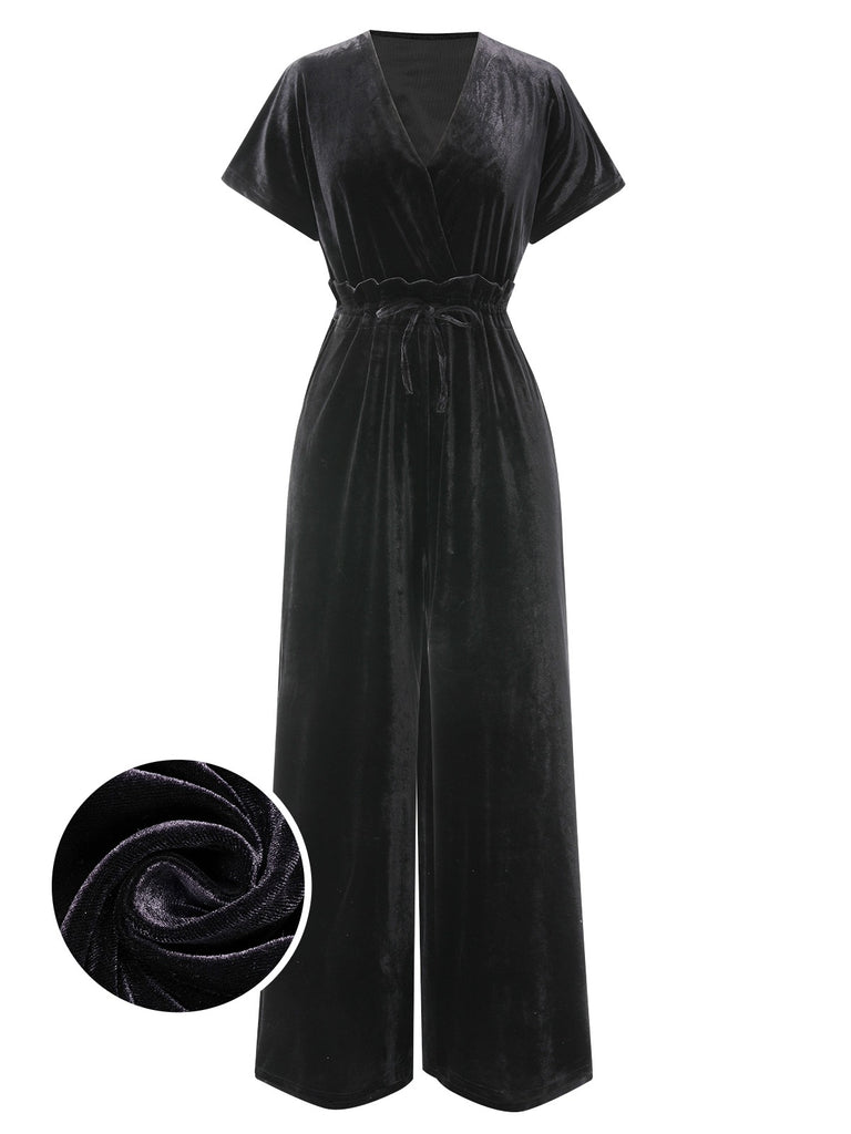 1940s Solid Waist Tie V-Neck Velvet Jumpsuit, vintage romper, retro jumpsuit - perfect for women who love vintage and retro fashion