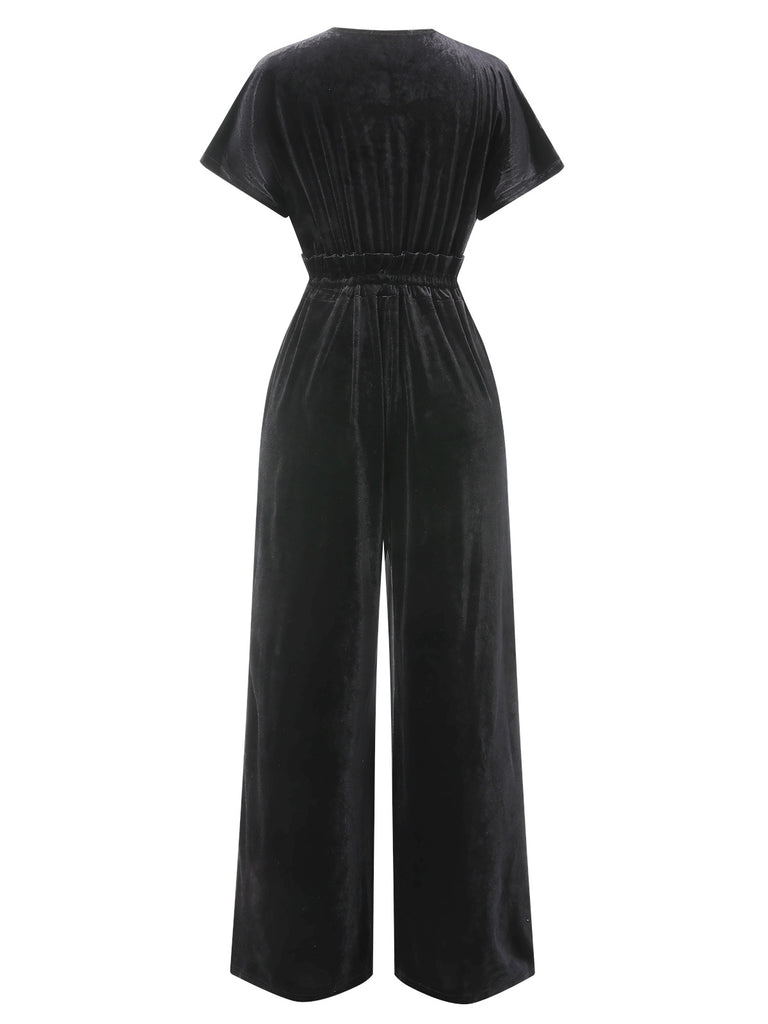1940s Solid Waist Tie V-Neck Velvet Jumpsuit, vintage romper, retro jumpsuit - perfect for women who love vintage and retro fashion