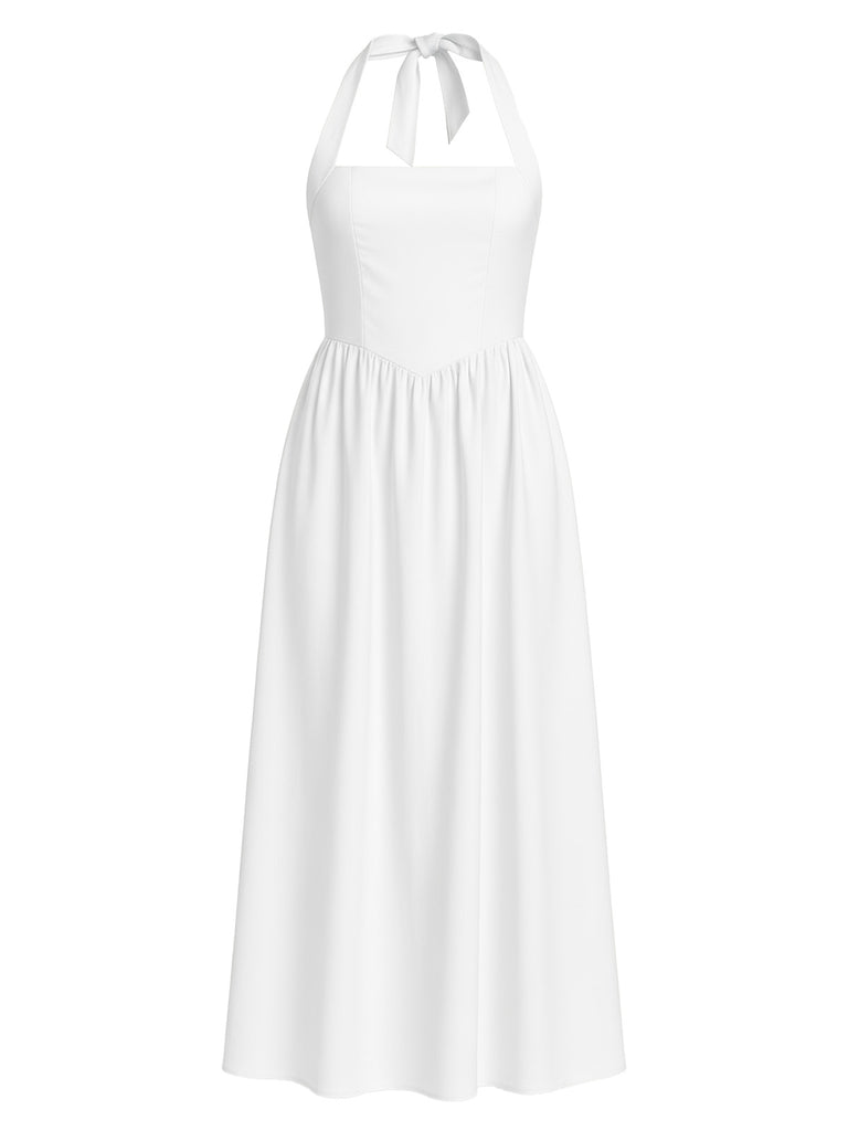 1940s Solid Wide-Strap Halter Backless Dress - vintage dress, retro fashion