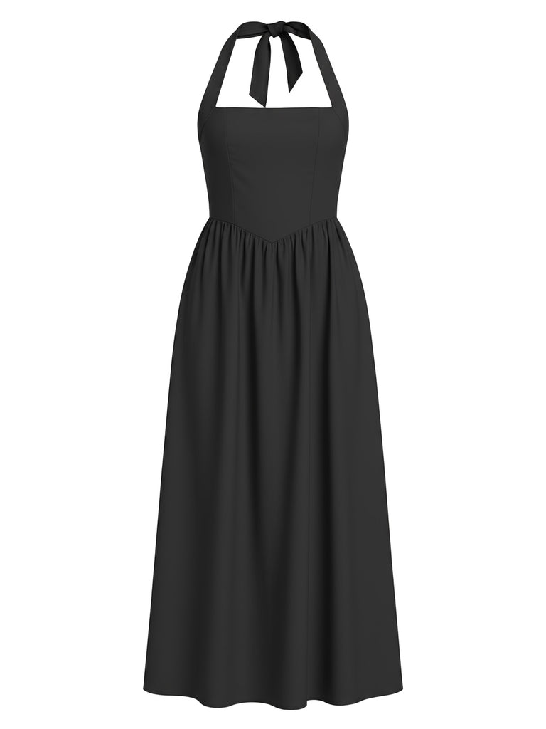 1940s Solid Wide-Strap Halter Backless Dress - vintage dress, retro fashion