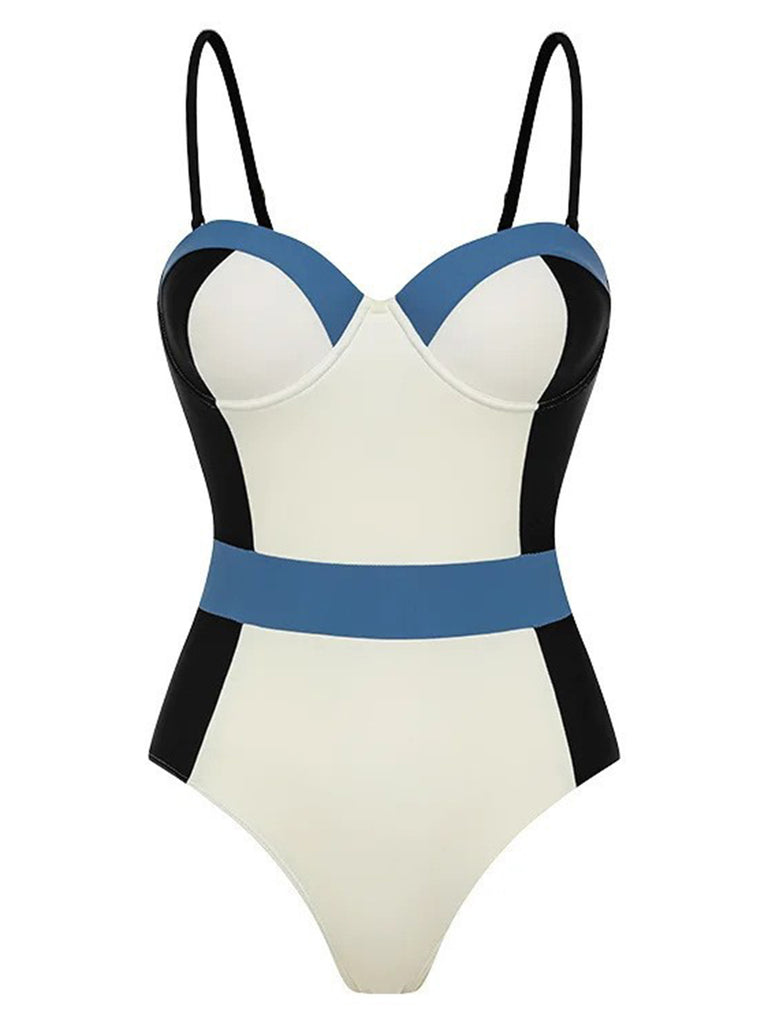 She's wearing 1940s Spaghetti Strap Color Block One-Piece Swimsuit and the whole beach remembers the 1940s