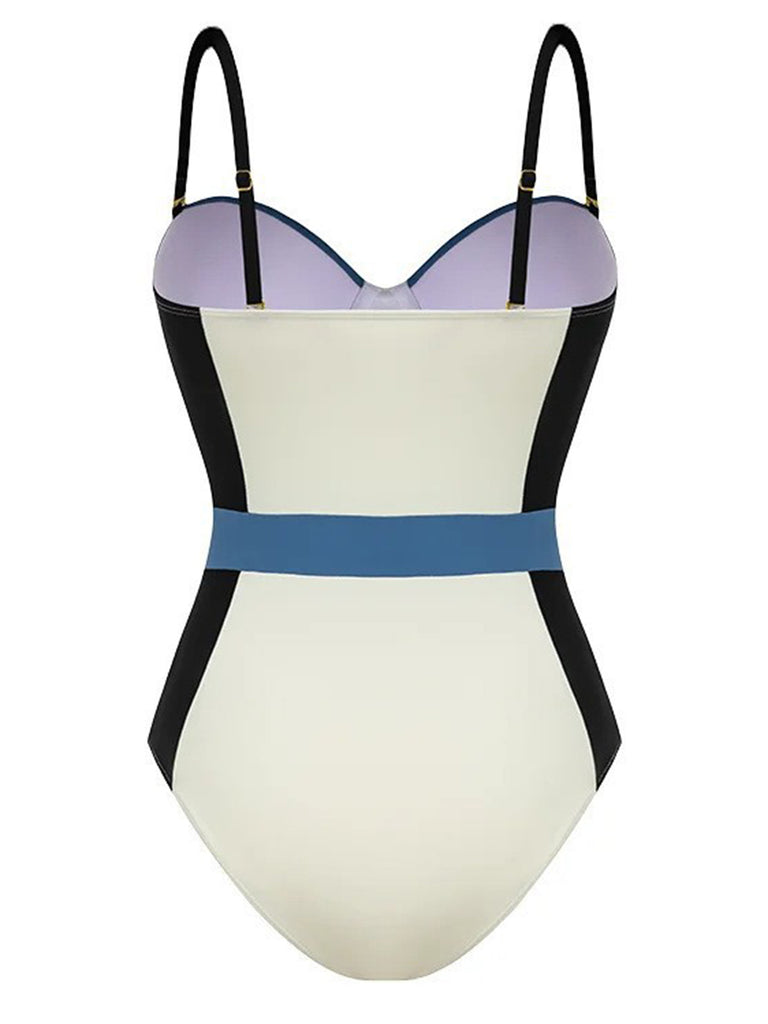 1940s Spaghetti Strap Color Block One-Piece Swimsuit: 1940s Riviera elegance, reimagined for her
