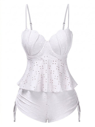 1940s Spaghetti Strap Eyelet Shell Tankini Set - vintage fashion, retro style