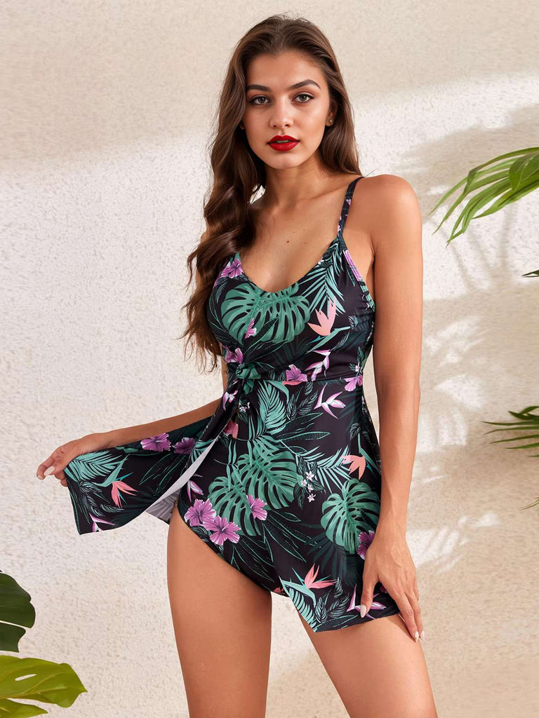 1940s Spaghetti Straps Floral Print Skirt Swimsuit — because 1940s glamour never goes out of style