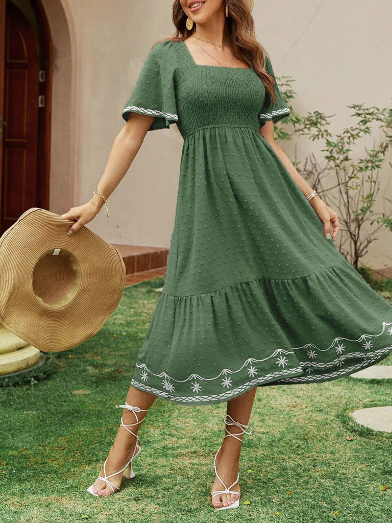 1940s Square Neck Embroidery Jacquard Smocked Dress, vintage dress, retro fashion - perfect for women who love vintage and retro fashion