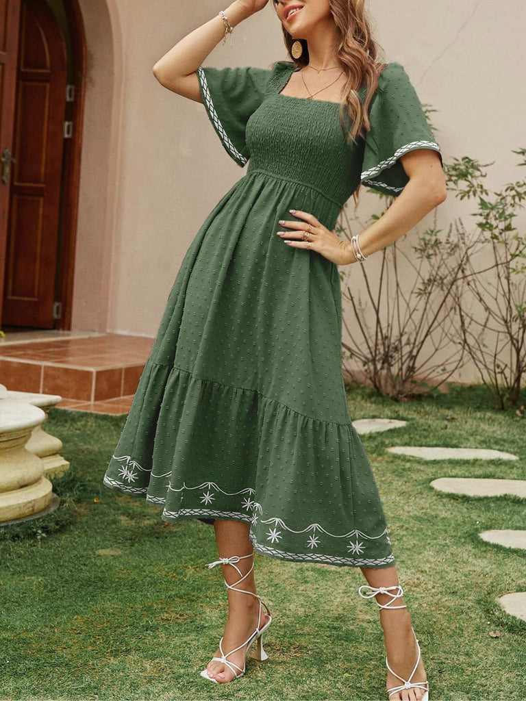 1940s Square Neck Embroidery Jacquard Smocked Dress, vintage dress, retro fashion - perfect for women who love vintage and retro fashion