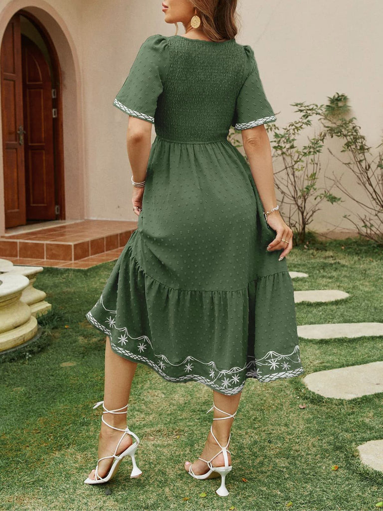 1940s Square Neck Embroidery Jacquard Smocked Dress, vintage dress, retro fashion - perfect for women who love vintage and retro fashion