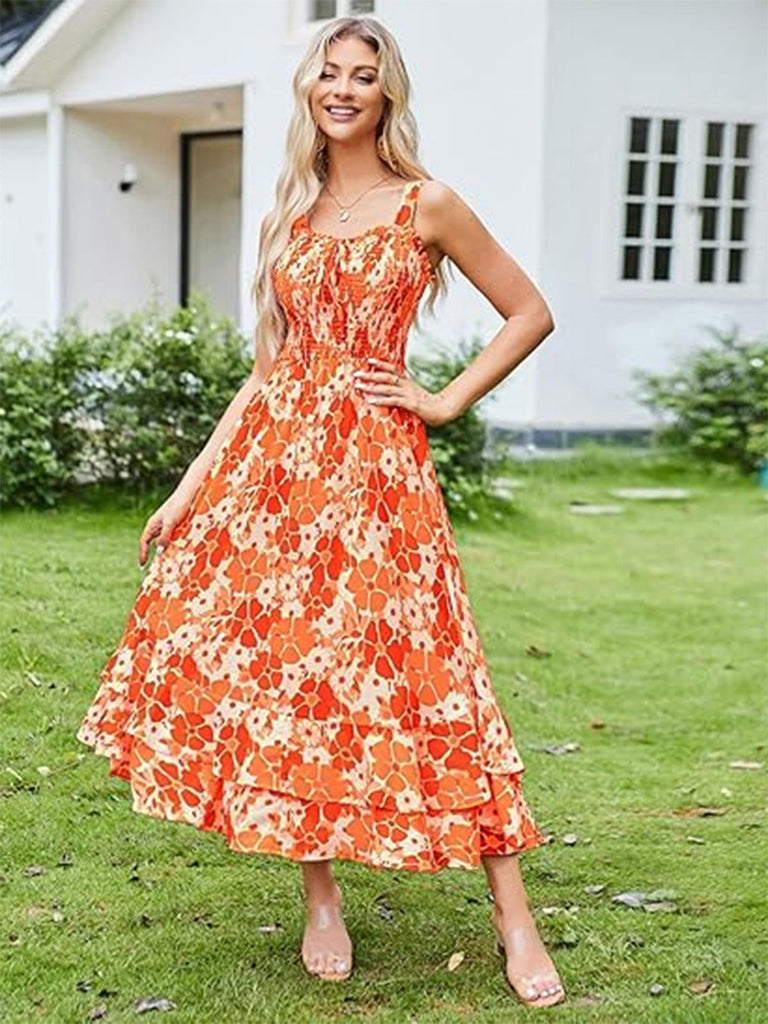 1940s Square Neck Irregular Floral Pleated Dress - vintage dress, retro fashion