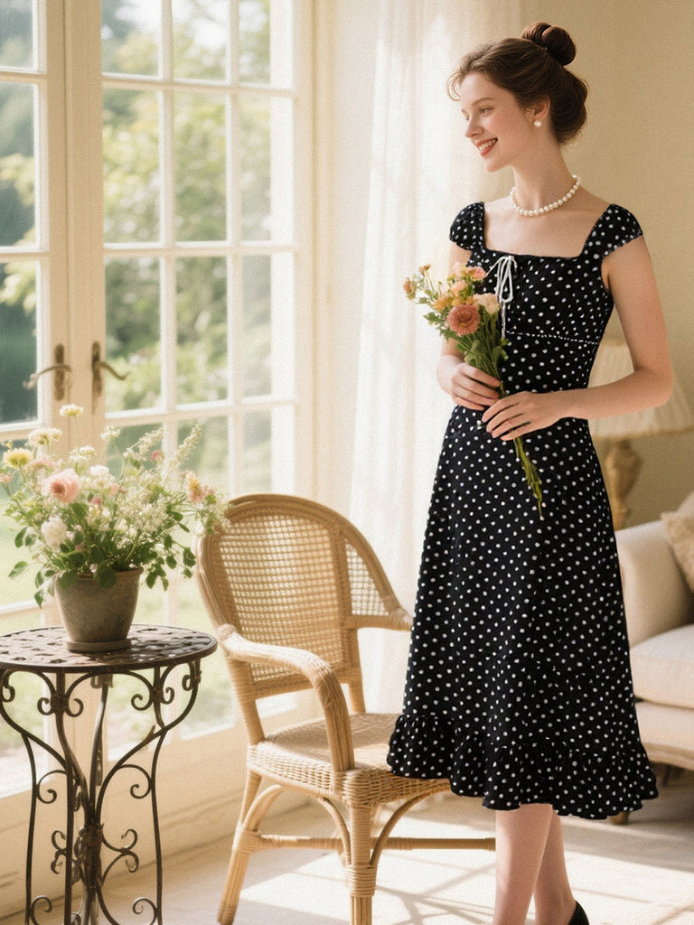 1940s Square Neck Polka Dot Ruffle Dress - vintage dress, retro fashion