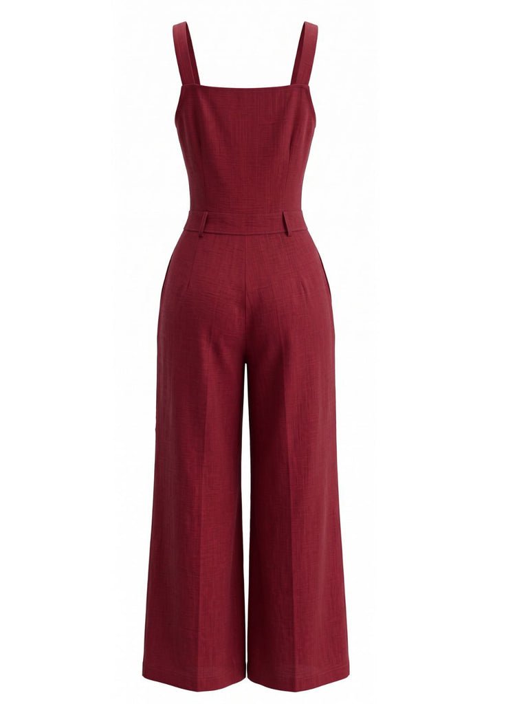 1940s Square Neck Sleeveless Buttoned Solid Jumpsuit, vintage romper, retro jumpsuit - perfect for women who love vintage and retro fashion