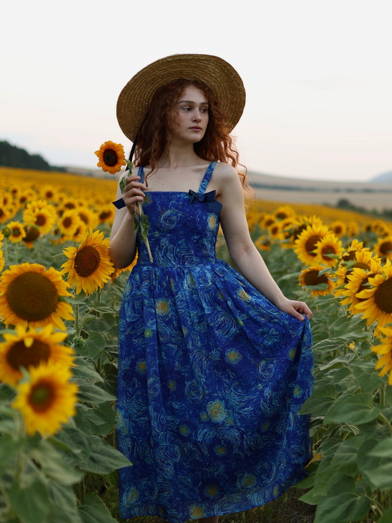 1940s Square Neck Starry Night Bow Swing Dress, vintage dress, retro fashion, rockabilly, pin-up fashion - vintage inspired fashion