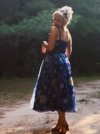 Blue 1940s Square Neck Starry Night Bow Swing Dress, vintage dress, retro fashion, rockabilly, pin-up fashion - perfect for women who love vintage and retro fashion