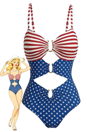 1940s Stars Striped Cutout One-Piece Swimsuit - vintage swimsuit, pin-up swimwear for vintage lovers