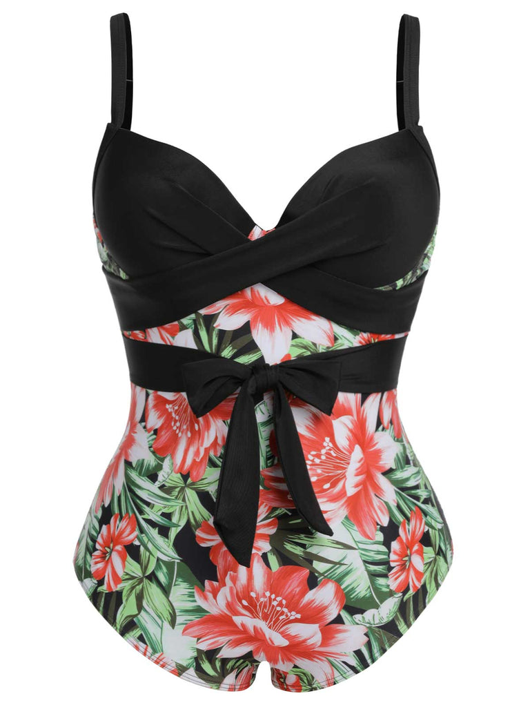 1940s Strap Flowers One-Piece Swimsuit, vintage swimsuit, pin-up swimwear, retro beach style, women, elegant