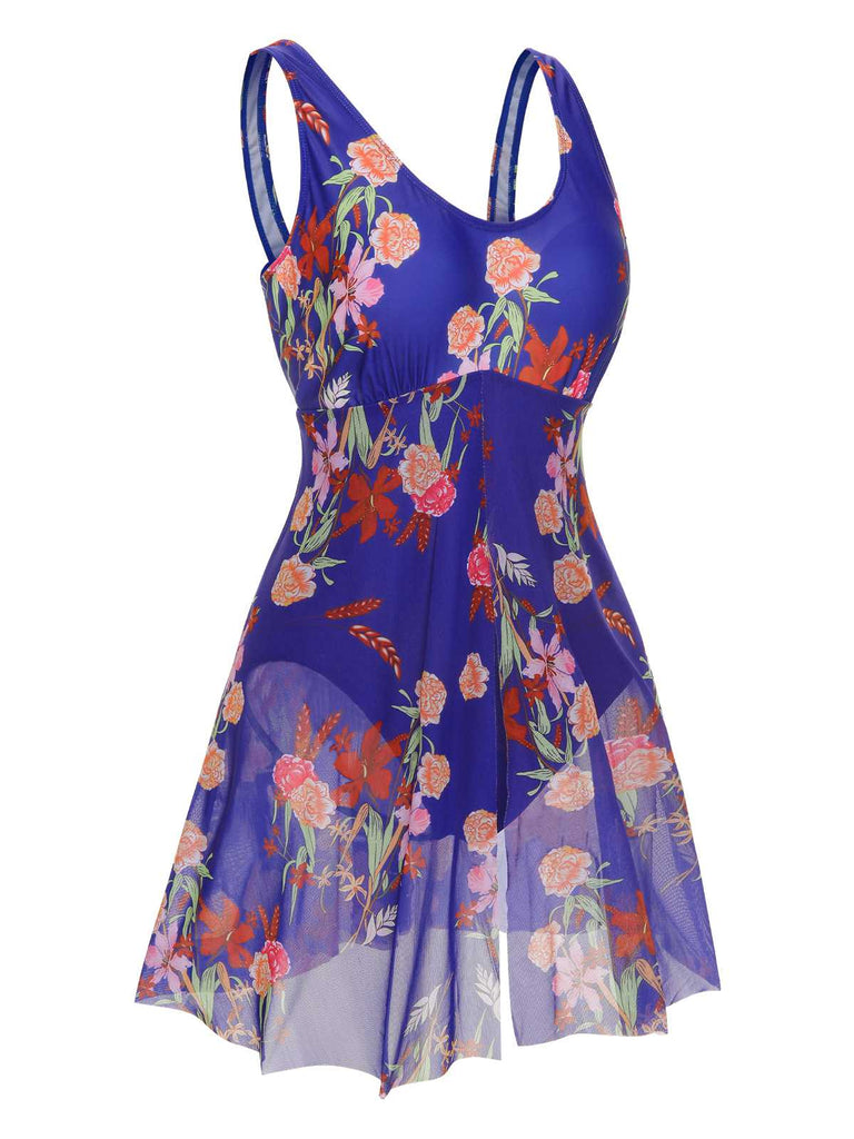 This 1940s Strap Print One-Piece Skirt Swimsuit carries 1940s vacation dreams in every stitch