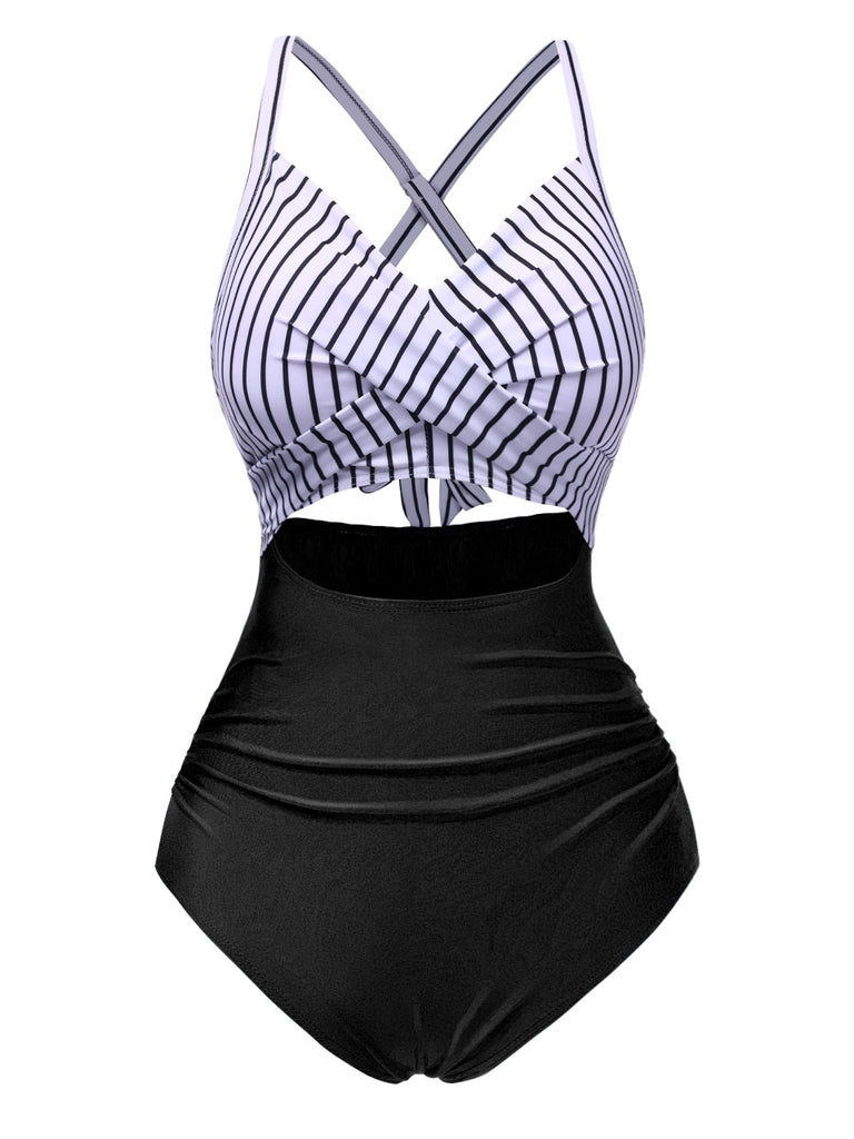 She's wearing 1940s Stripe Patchwork Hollow One-Piece Swimsuit and the whole beach remembers the 1940s