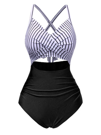 She's wearing 1940s Stripe Patchwork Hollow One-Piece Swimsuit and the whole beach remembers the 1940s