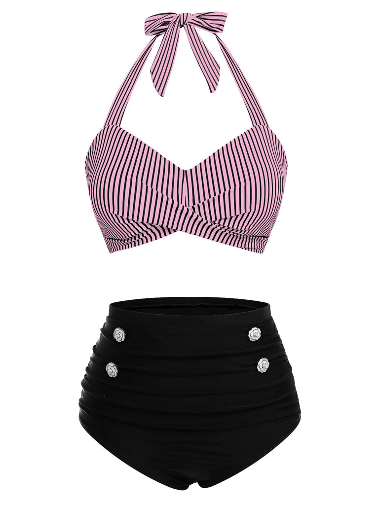 1940s Striped Halter Swimsuit Set - vintage swimsuit, pin-up style