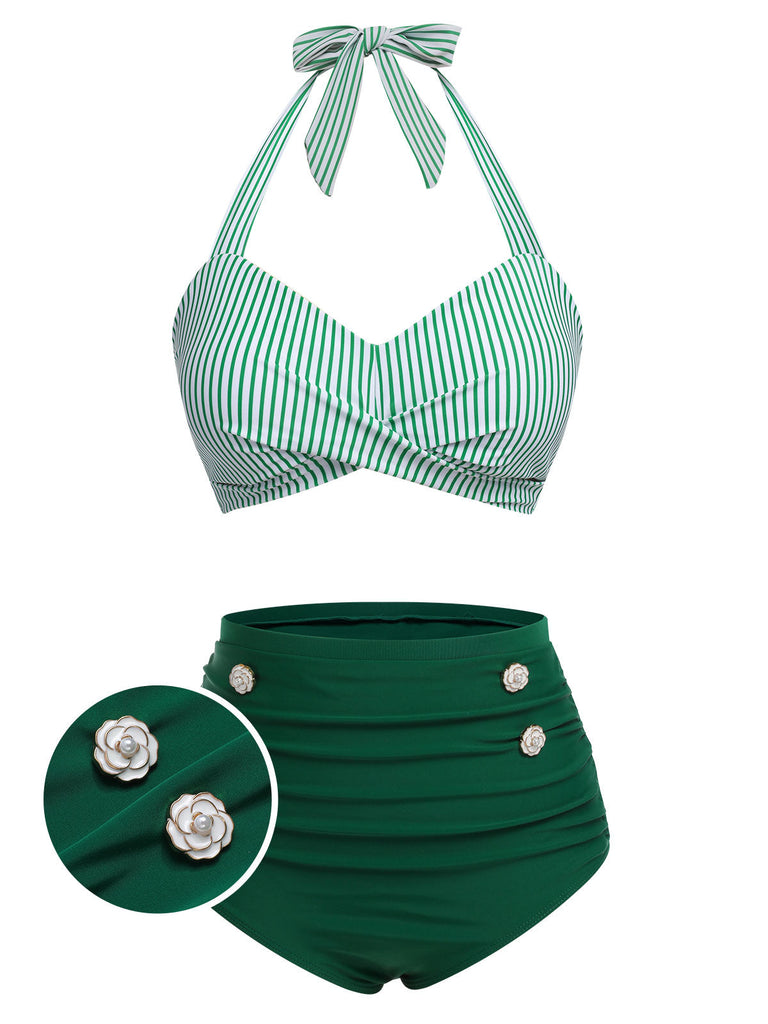 1940s Striped Halter Swimsuit Set - vintage swimsuit, pin-up style