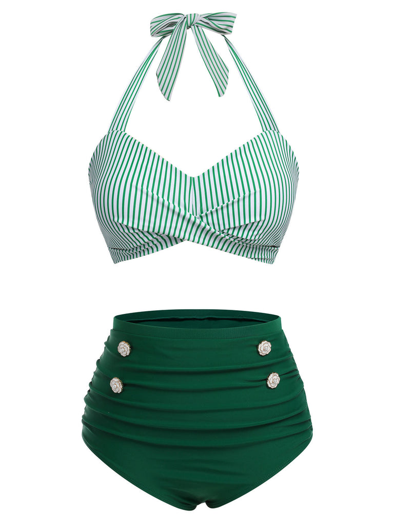1940s Striped Halter Swimsuit Set - vintage swimsuit, pin-up style