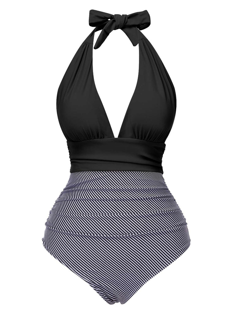 She's wearing 1940s Stripes Backless Halter Ruched Swimsuit and the whole beach remembers the 1940s