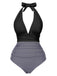 She's wearing 1940s Stripes Backless Halter Ruched Swimsuit and the whole beach remembers the 1940s