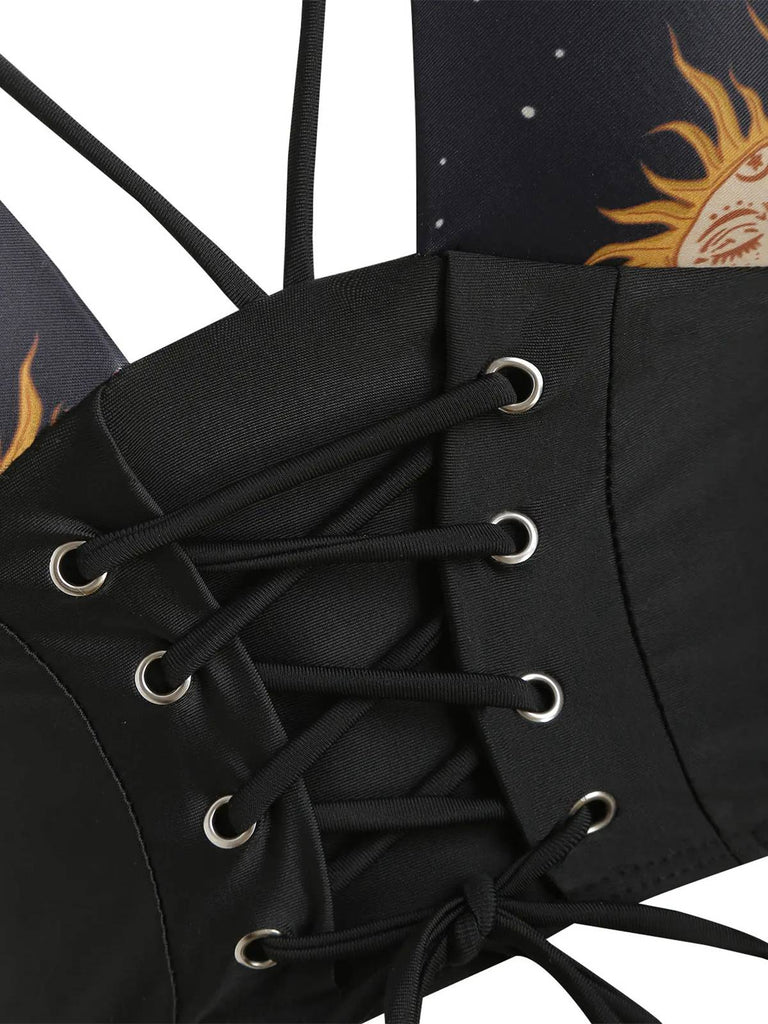 This 1940s Sun Moon Stars Lace-Up Swimsuit carries 1940s vacation dreams in every stitch