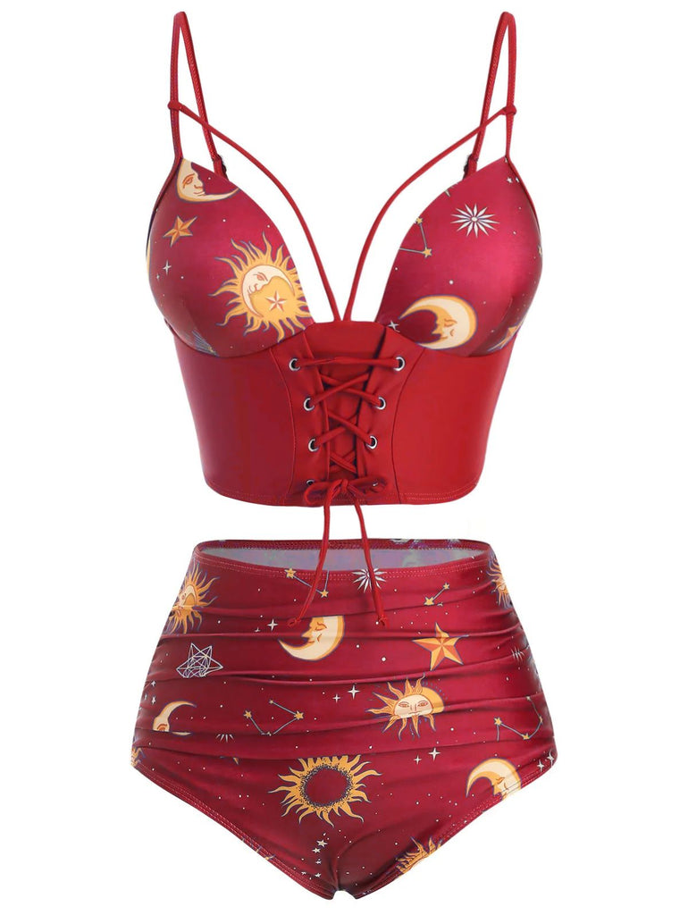 1940s Sun Moon Stars Lace-Up Swimsuit — because 1940s glamour never goes out of style