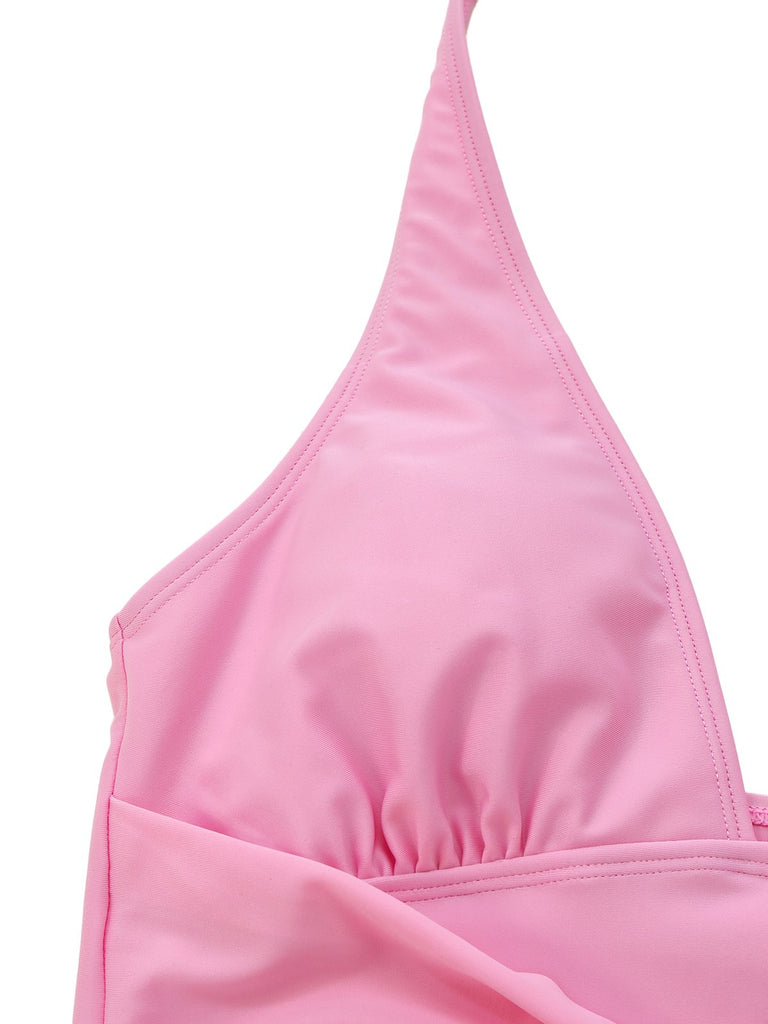 2PCS 1940s Deep V Halter Starfish One-Piece Swimsuit & Cover-Up - vintage swimsuit, pin-up style