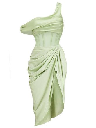 2PCS Green 1940s One-Shoulder One-Piece Swimsuit & Pleated Cover Up - vintage swimsuit, pin-up style